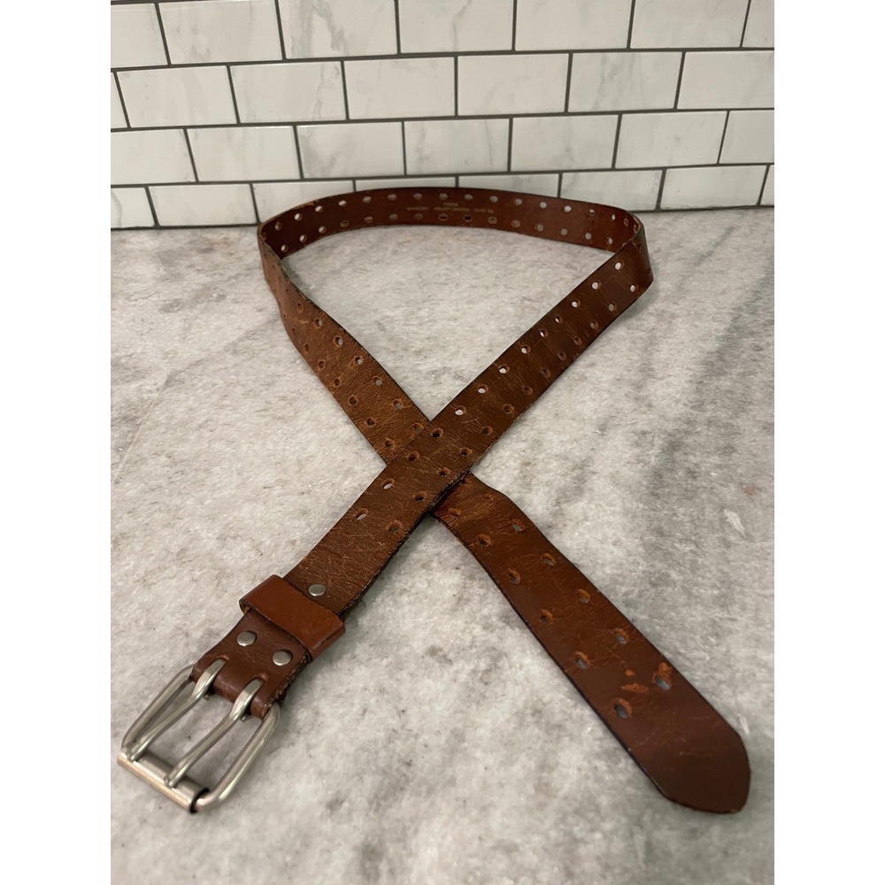 Vintage Belt Mens 3XL 50-52 Brown Double Prong Perforated Genuine Leather